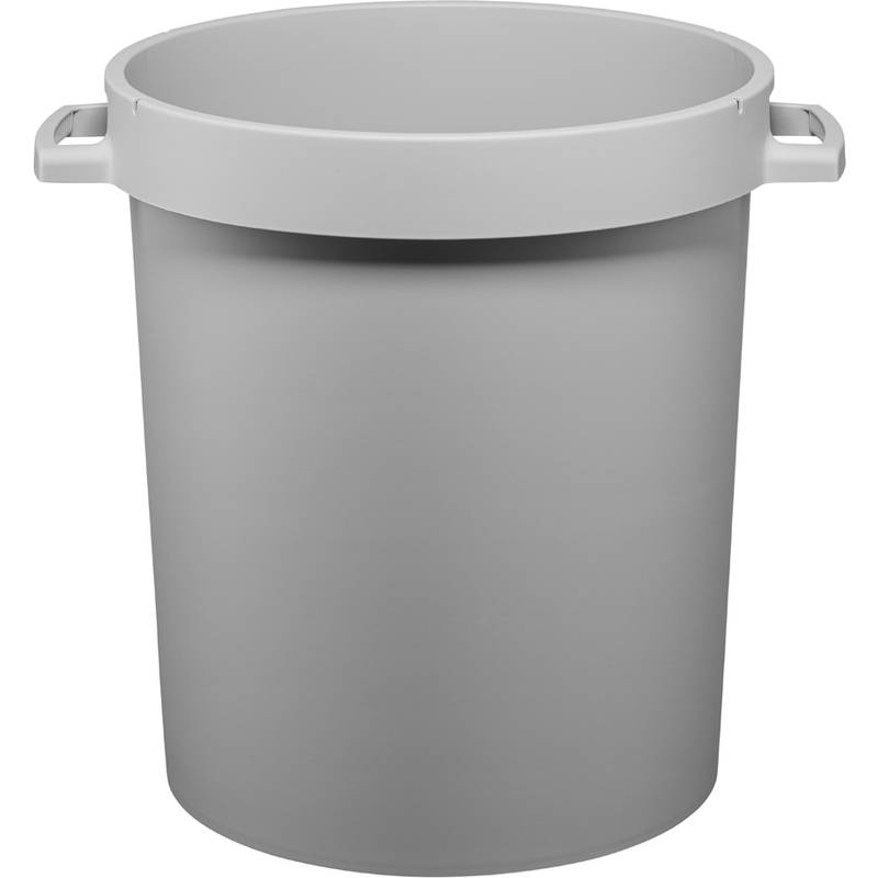 Eine große graue Plastik-Mülltonne mit Griffen an beiden Seiten, aufrecht gegen einen schlichten weißen Hintergrund stehend.