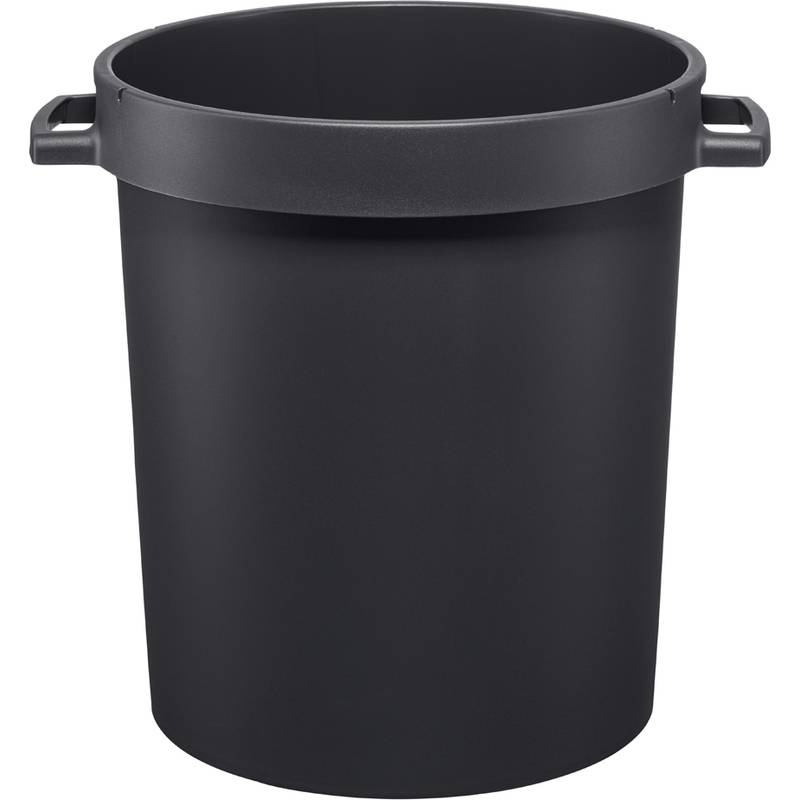 Ein großer, schwarzer, zylindrischer Plastik-Müllbehälter mit Griffen an jeder Seite.