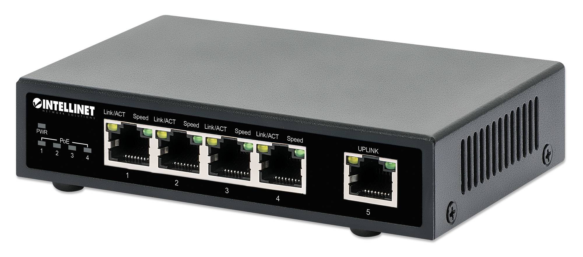Fünf-Port INTELLINET Netzwerk-Switch mit vier LAN-Ports und einem Uplink-Port auf der Frontplatte.