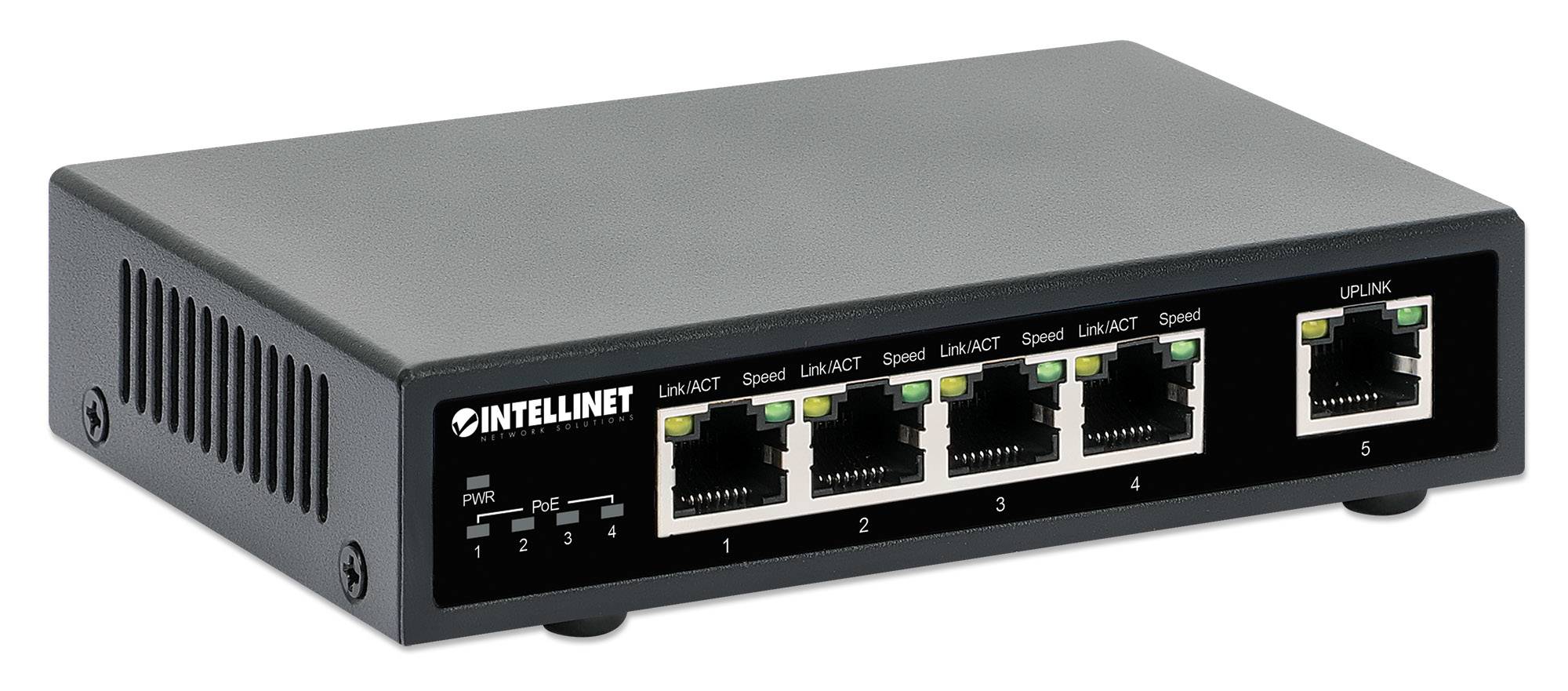 Schwarzer IP-Netzwerk-Switch mit fünf Ethernet-Anschlüssen auf der Frontplatte und Statusleuchten, in einem grauen Metallgehäuse gezeigt.