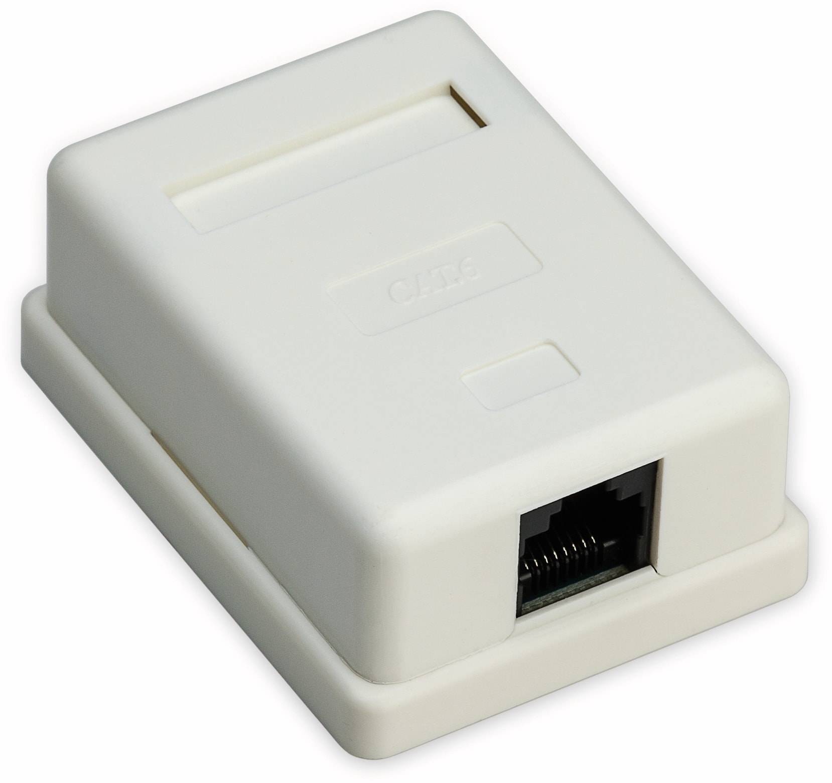 Eine weiße Kunststoff-Netzwerkdose mit einem sichtbaren Ethernet-Anschluss, konzipiert für die Verbindung von Kabeln in einem Strukturierten Verkabelungssystem.