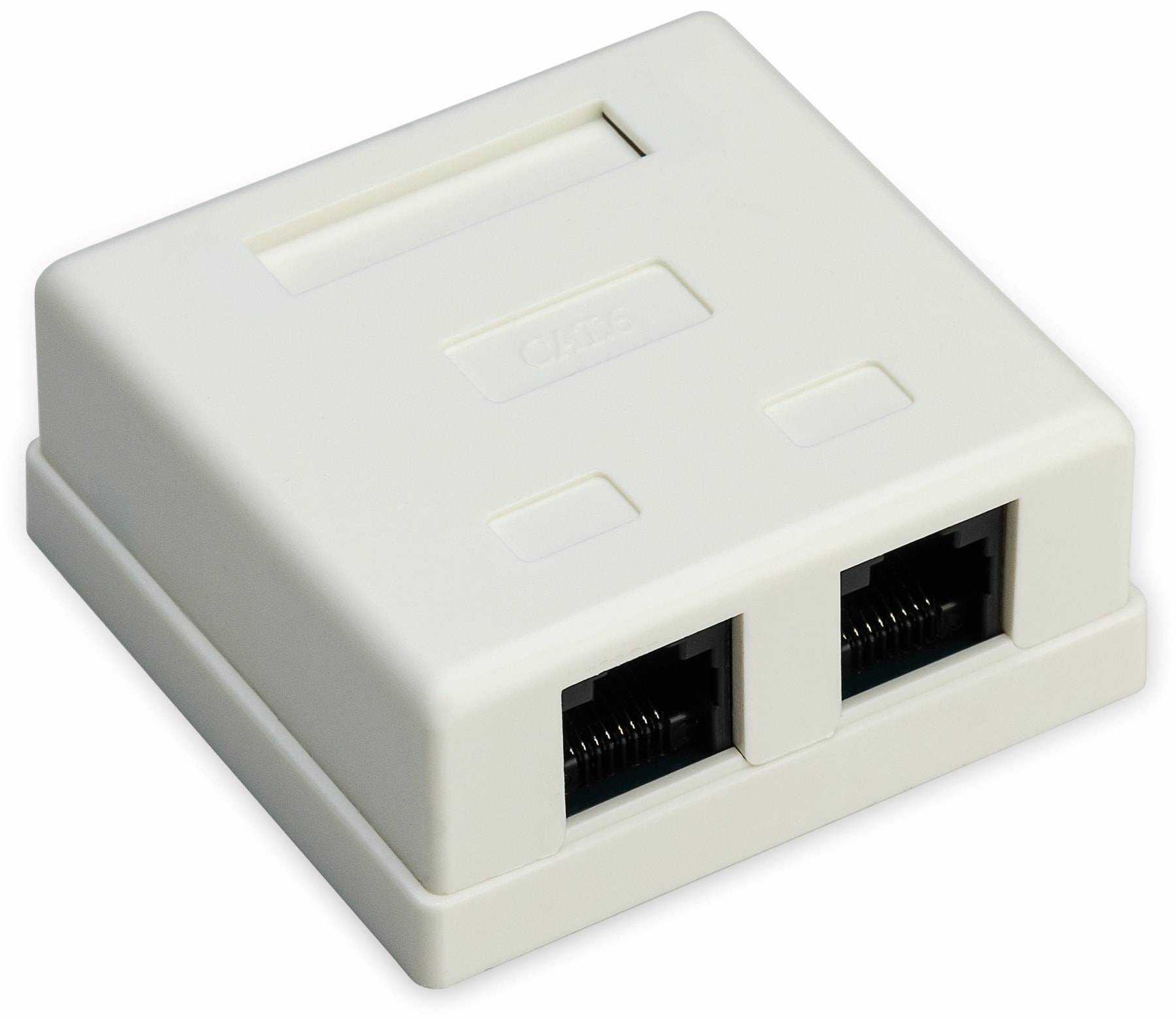 Eine weiße Netzwerkdose mit zwei Ethernet-Anschlüssen, entwickelt zum Anschluss von Netzwerkkabeln, verwendet in Büro- oder Heimnetzwerk-Setups.