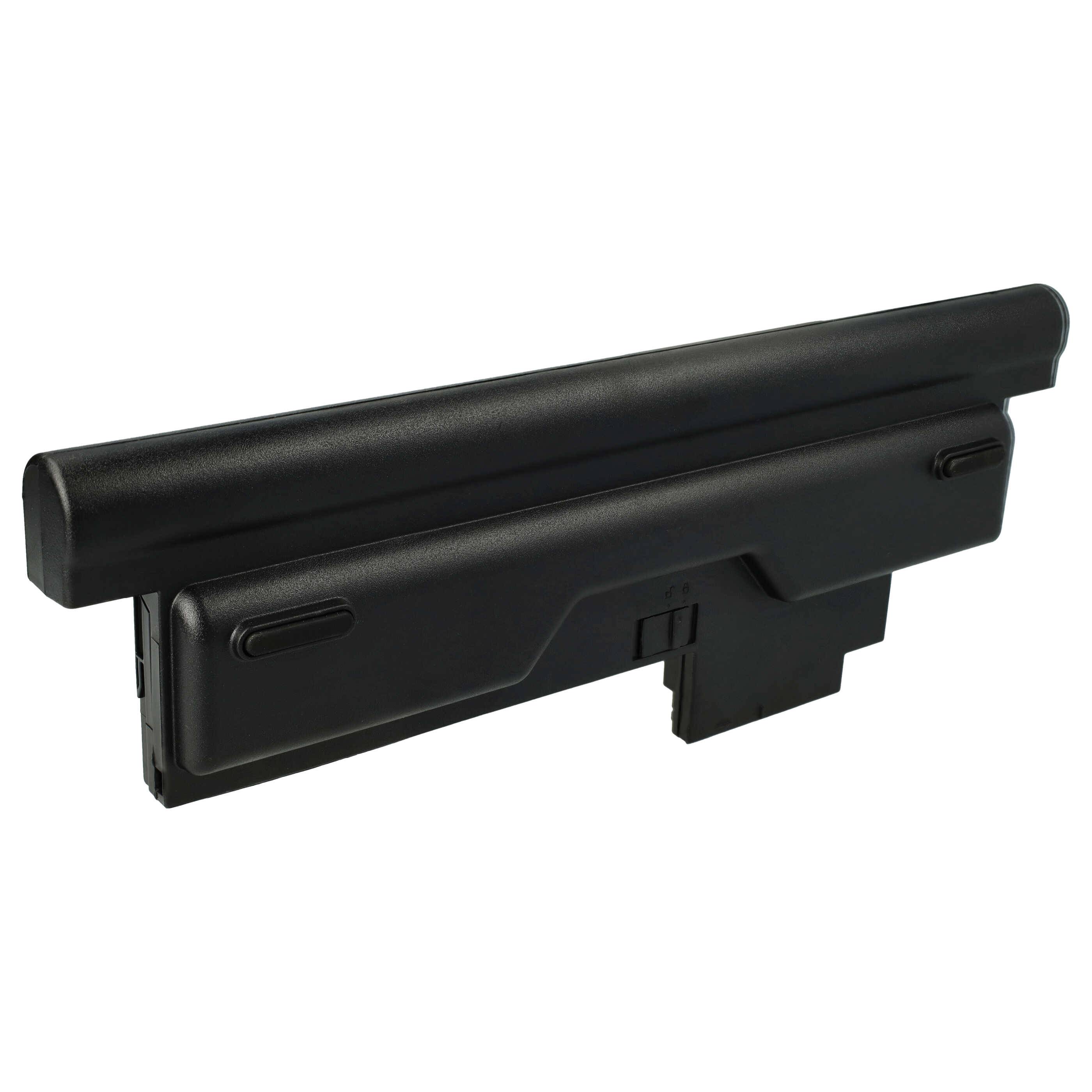 Eine schwarze Laptop-Batterie mit rechteckiger Form und zwei sichtbaren Kontaktpunkten, die für die Kompatibilität mit bestimmten Laptopmodellen konzipiert ist.