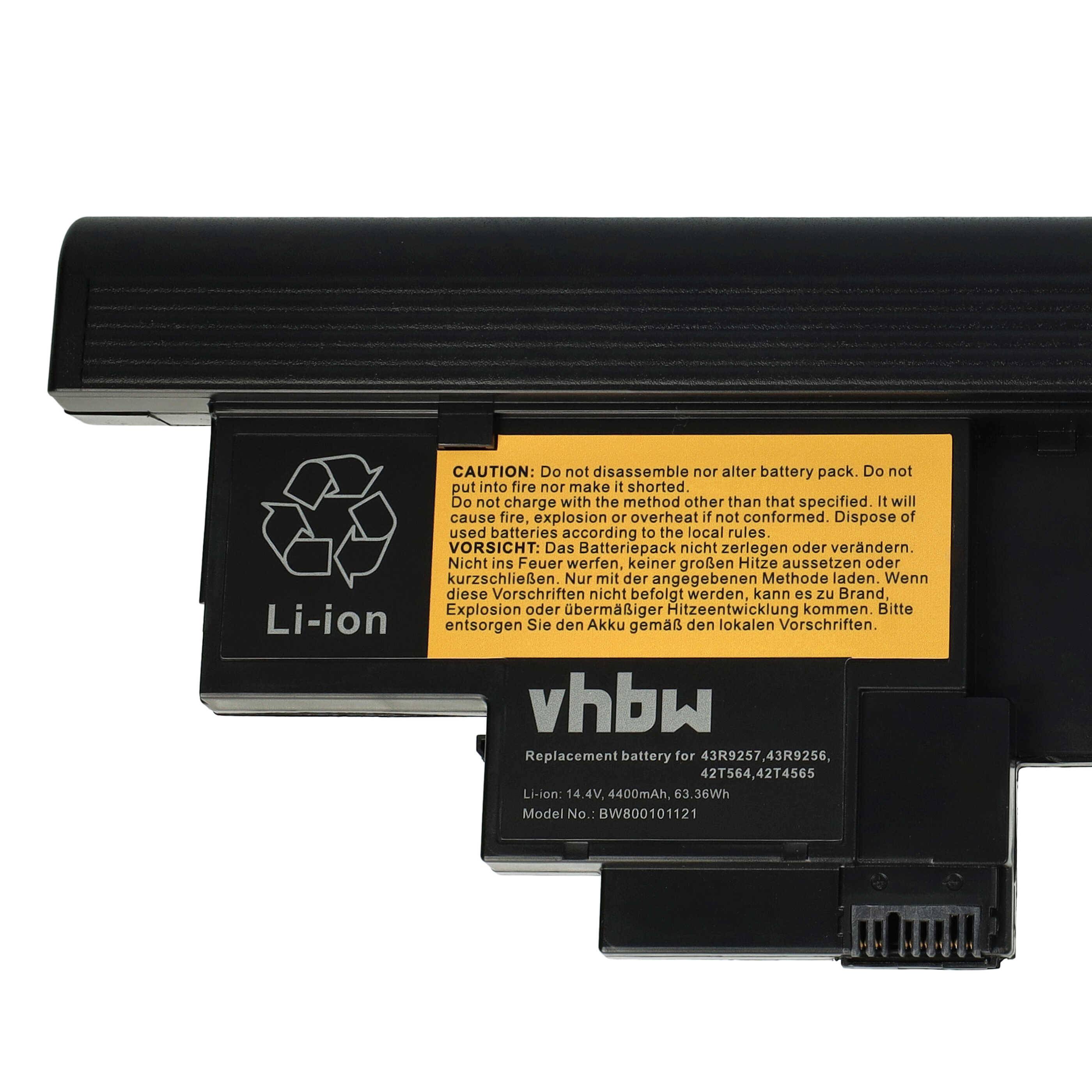 Eine schwarze Lithium-Ionen-Ersatzbatterie mit der Bezeichnung 'vhbw' für HP-Laptops mit Warn- und Entsorgungshinweisen in Englisch und Deutsch.
