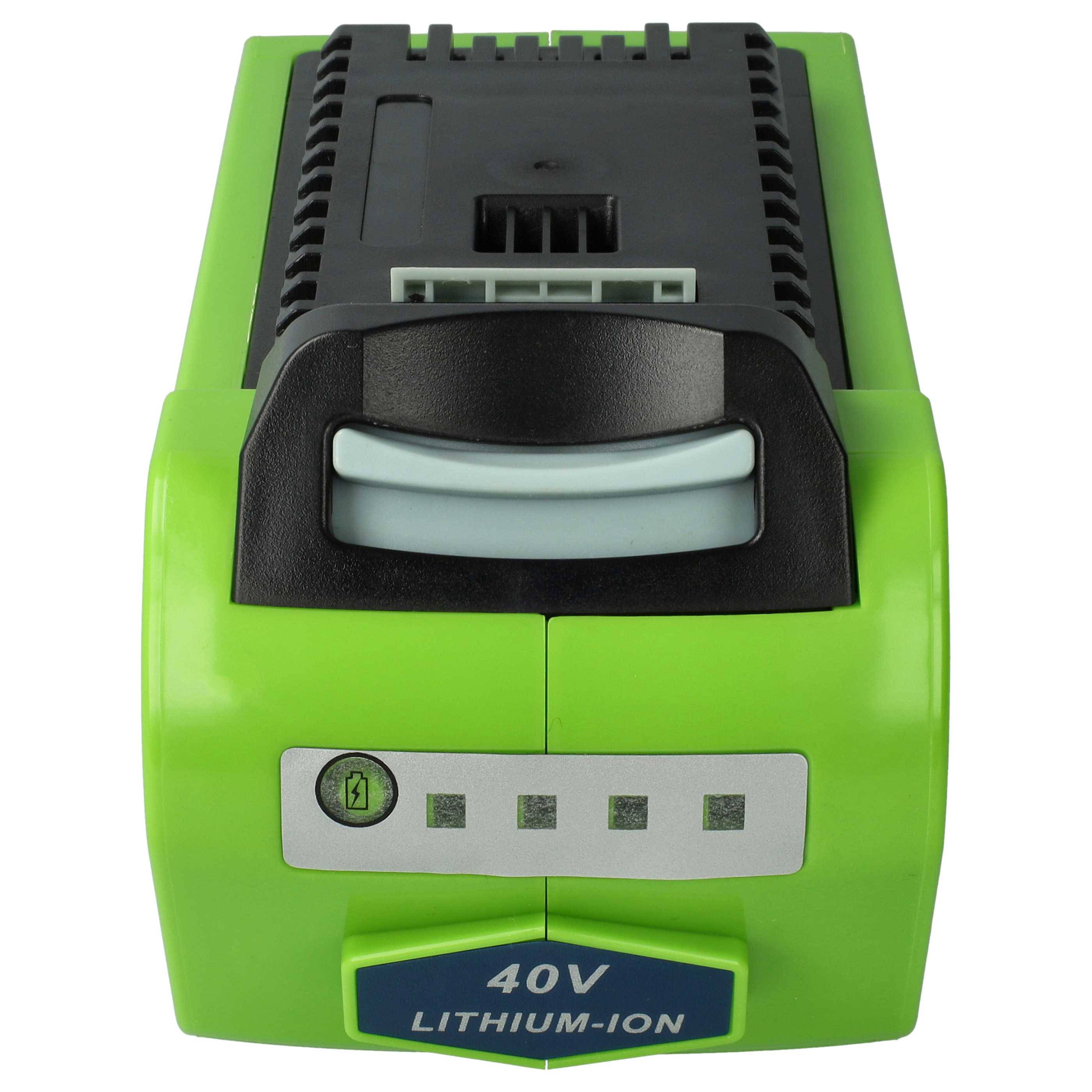 Grüne 40-V-Lithium-Ionen-Batterie mit schwarzem Deckel und Ladeanzeige-Display.