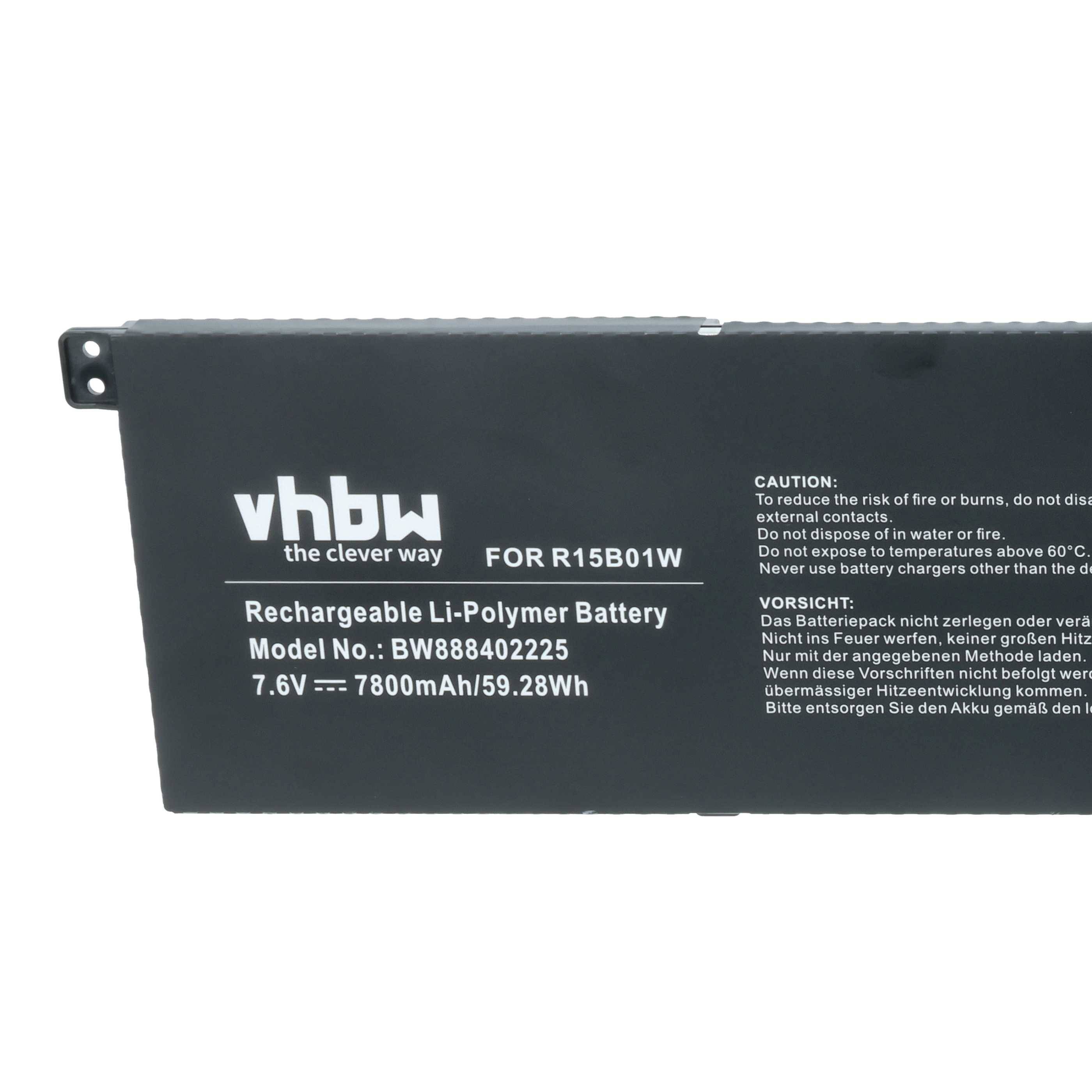 Das Bild zeigt einen wiederaufladbaren Li-Polymer-Akku mit der Bezeichnung 'vhbw' mit folgenden Spezifikationen: 7,6V, 7800mAh, 59,28Wh, für R15B01W. Sicherheitshinweise in mehreren Sprachen sind vorhanden.