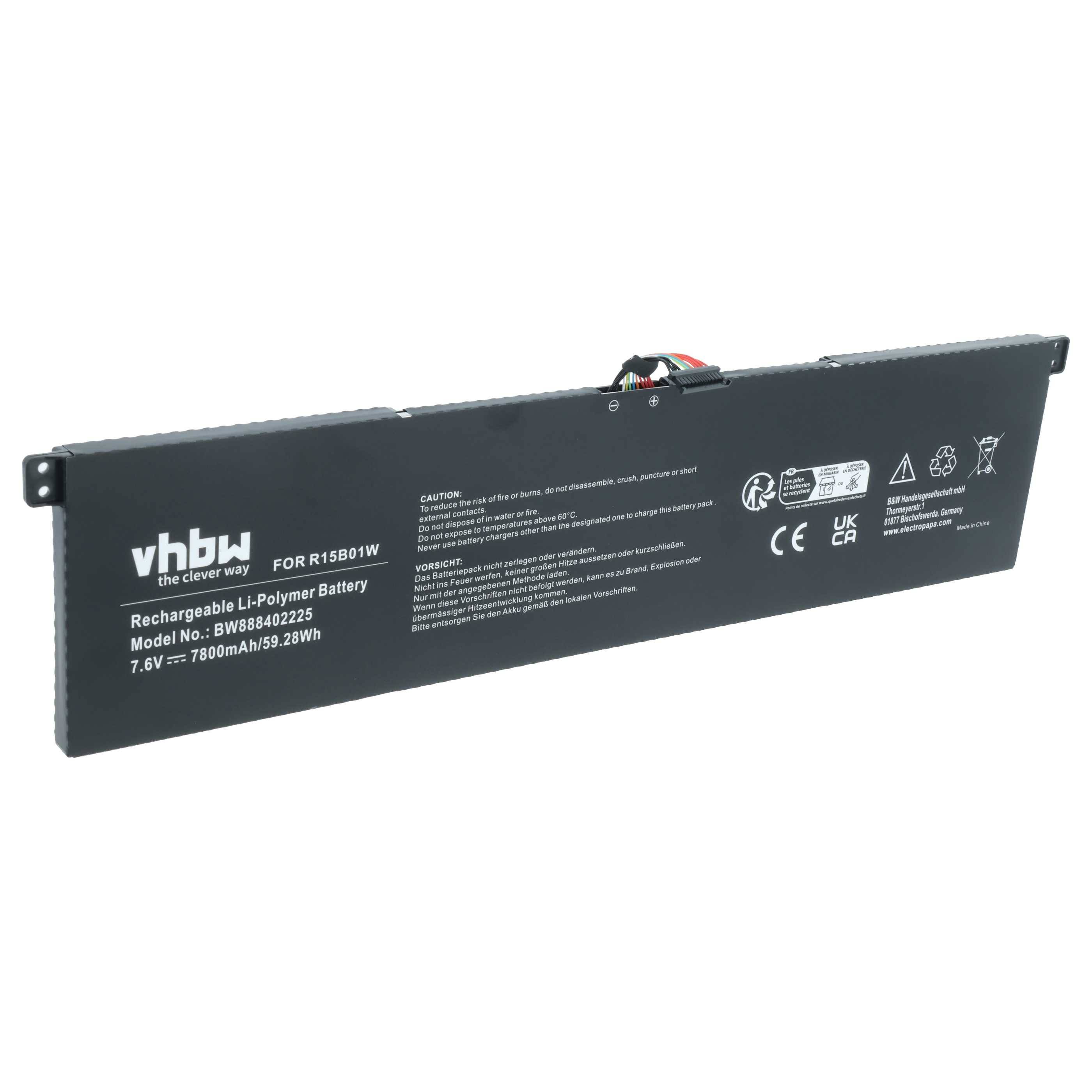 Eine schwarze wiederaufladbare Li-Polymer-Batterie für Laptops, Modellnummer 'BW849052206', mit Spezifikationen 7,6V, 7600mAh und 58Wh.