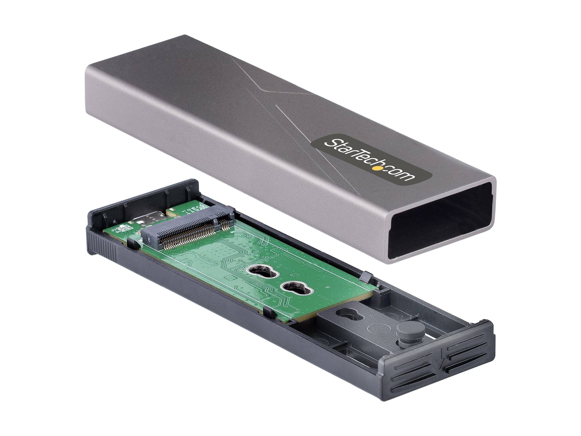 Offene USB-Laufwerk-Gehäuse, dargestellt mit entferntem Gehäusedeckel, das die interne Leiterplatte und den Anschluss zeigt.