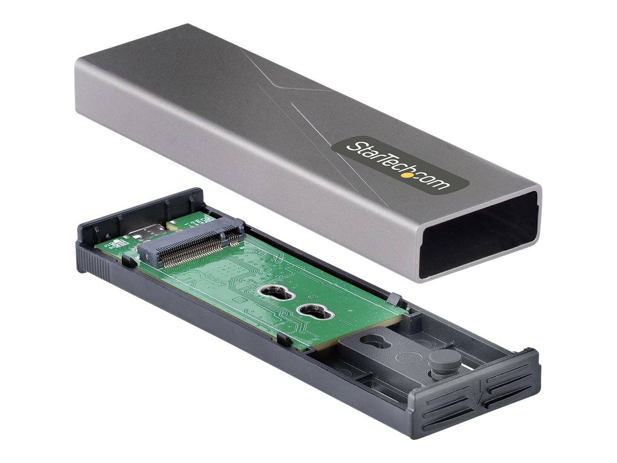 USB-Festplattengehäuse mit grüner Leiterplatte und freiliegendem Anschluss geöffnet, silbernes Außengehäuse mit StarTech.com-Beschriftung darüber.