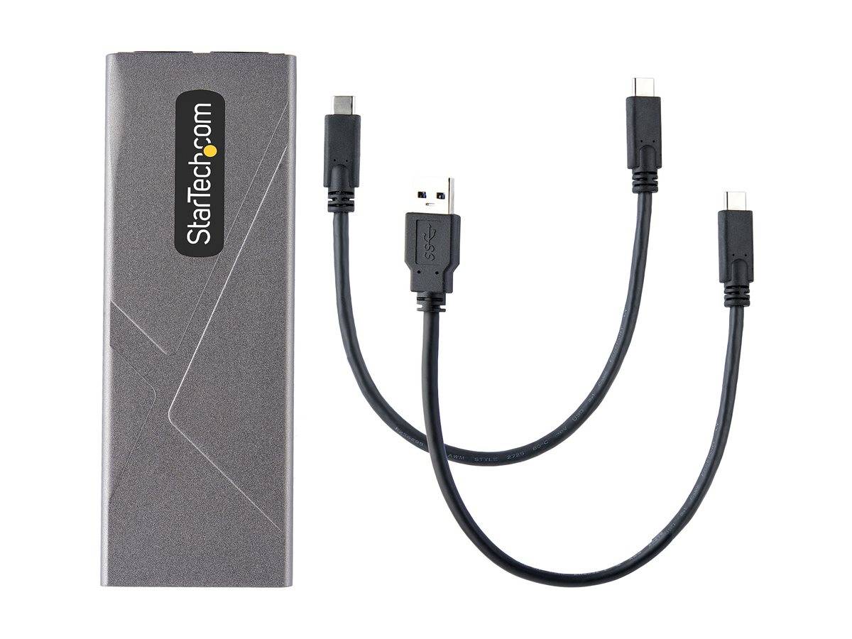 StarTech.com-Karton neben einem schwarzen USB-C-Kabelteiler mit einem USB-A-Stecker und zwei USB-C-Anschlüssen.
