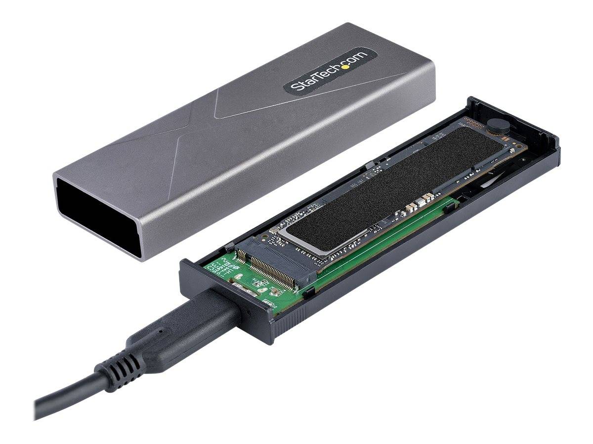 Externe SSD-Festplatte mit Metallgehäuse und freigelegter interner Leiterplatte, verbunden durch ein USB-Kabel.