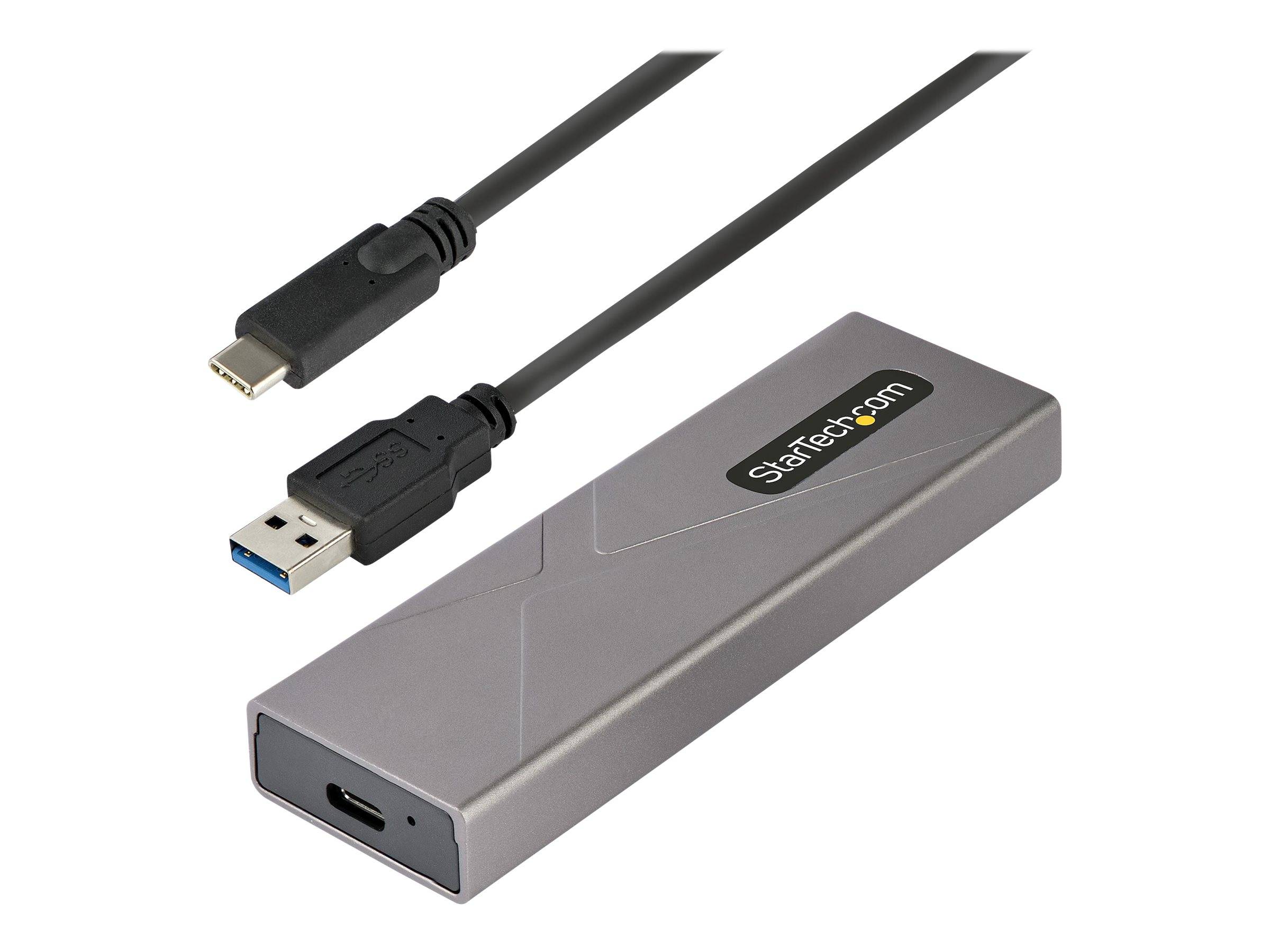USB-C SSD-Gehäuse mit angebrachten USB-A und USB-C Kabeln, dargestellt auf weißem Hintergrund.