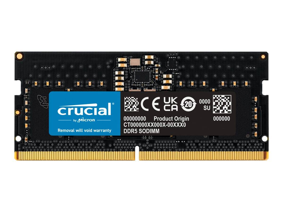Crucial von Micron DDR5 SODIMM Laptop-RAM-Modul mit vergoldetem Steckkontakt und Produktetikett auf einer schwarzen Leiterplatte.