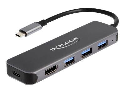 USB-C-Hub mit einem USB-C-Eingangskabel und vier Anschlüssen: ein HDMI, drei USB-A, zum Anschließen mehrerer Geräte an einen Laptop.