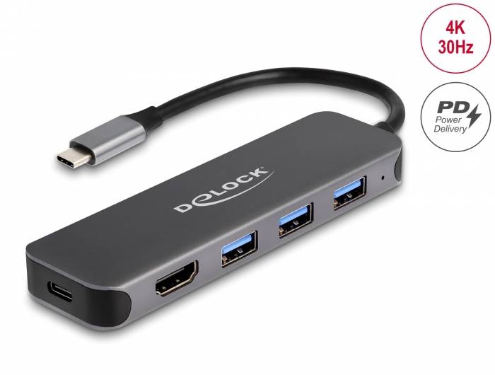 USB-C-Hub mit HDMI, USB-Anschlüssen und Power-Delivery-Unterstützung; gekennzeichnet mit 4K 30Hz.