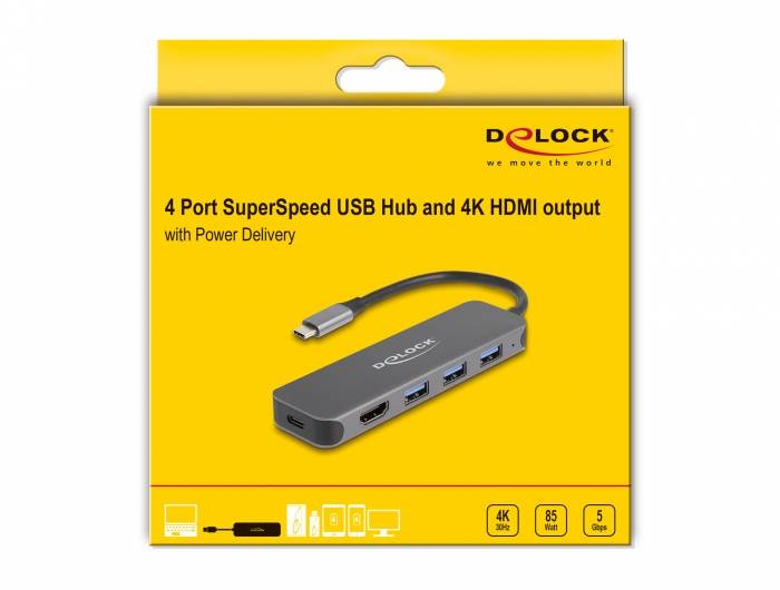 Delock Produktverpackung für einen 4-Port SuperSpeed USB Hub mit 4K HDMI-Ausgang und Power Delivery, zeigt den Hub und das Kabel auf einer gelben Verpackung.