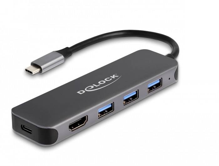 USB-C-Hub-Adapter mit mehreren Anschlüssen, einschließlich USB-A, HDMI und USB-C-Durchleitung, mit angeschlossenem Kabel dargestellt.