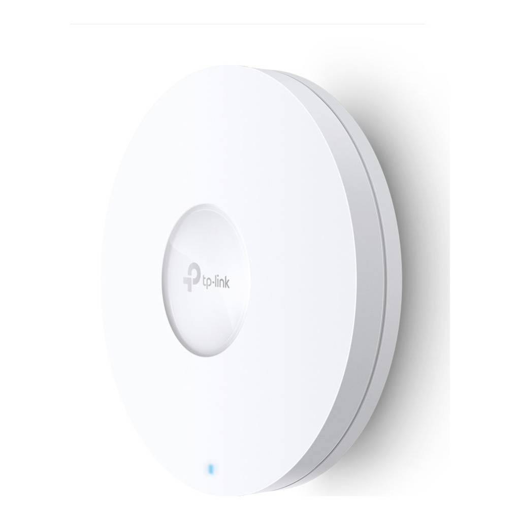 Weißer TP-Link runder drahtloser Zugangspunkt mit kleinem Statuslicht, gezeigt in einer produktstilisierten Seitenansicht.