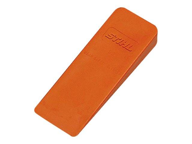 Ein orangefarbener Stahlkeil mit dem Markennamen „STIHL