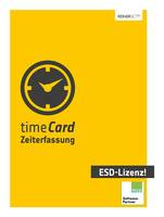 Gelbe Softwarebox mit der Bezeichnung 'timeCard Zeiterfassung' mit Uhrensymbol und 'ESD-Lizenz!'-Abzeichen, Marke MINDBOX.