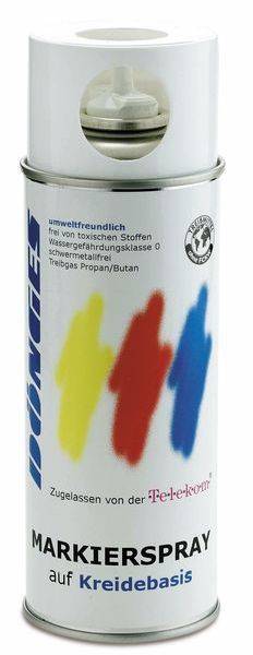 Weiße Sprühdose mit der Aufschrift „MARKIERSPRAY auf Kreidebasis