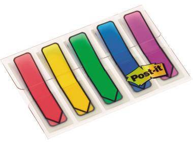 Packung mit fünf bunten Post-it Flag Seitenmerkern in Rot, Gelb, Grün, Blau und Rosa.