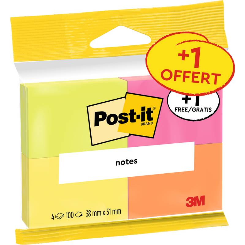 Post-it Notes Packung mit gelben, rosa, orangefarbenen und blauen Haftnotizblöcken, gekennzeichnet mit „4 x 100