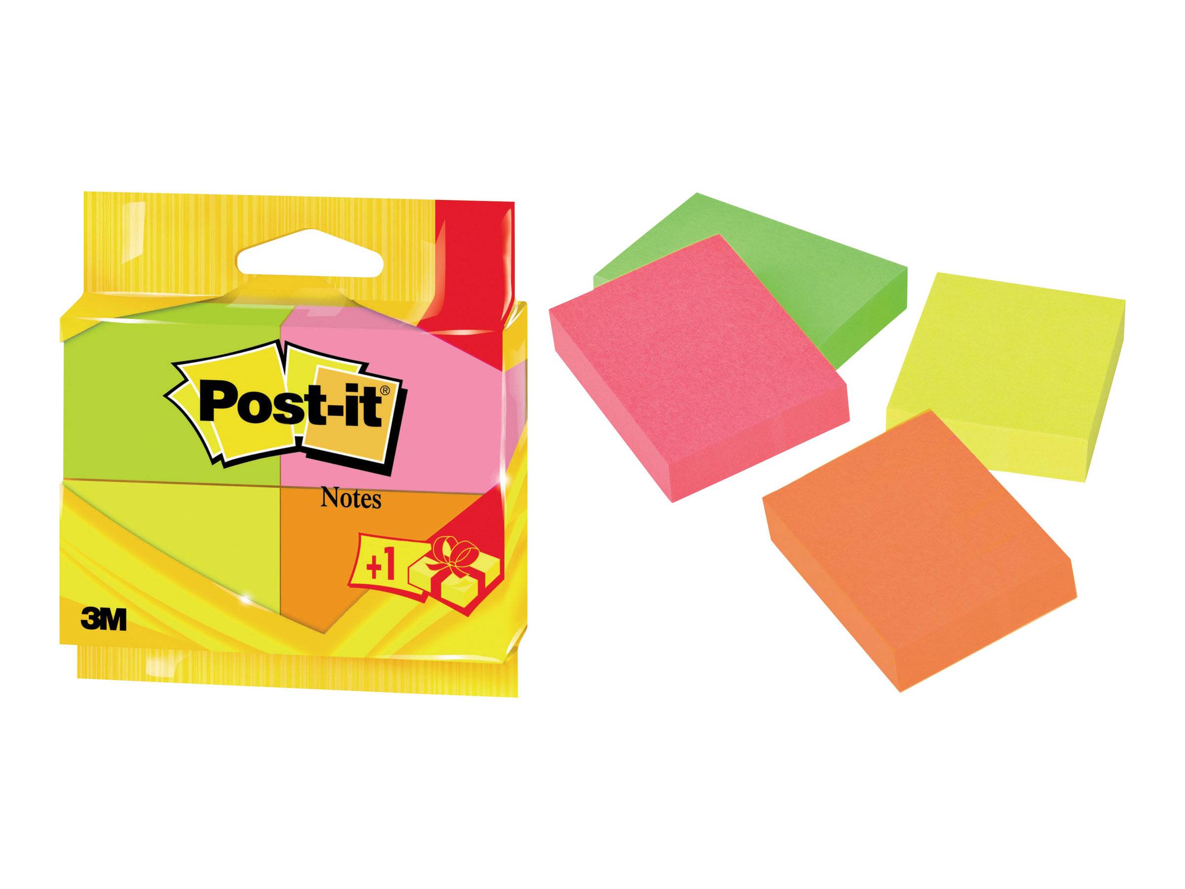 Eine Packung bunter Post-it Notizblöcke, die grüne, rosa, gelbe und orangefarbene Blöcke enthält. Die Verpackung zeigt das Logo von 'Post-it Notes'.