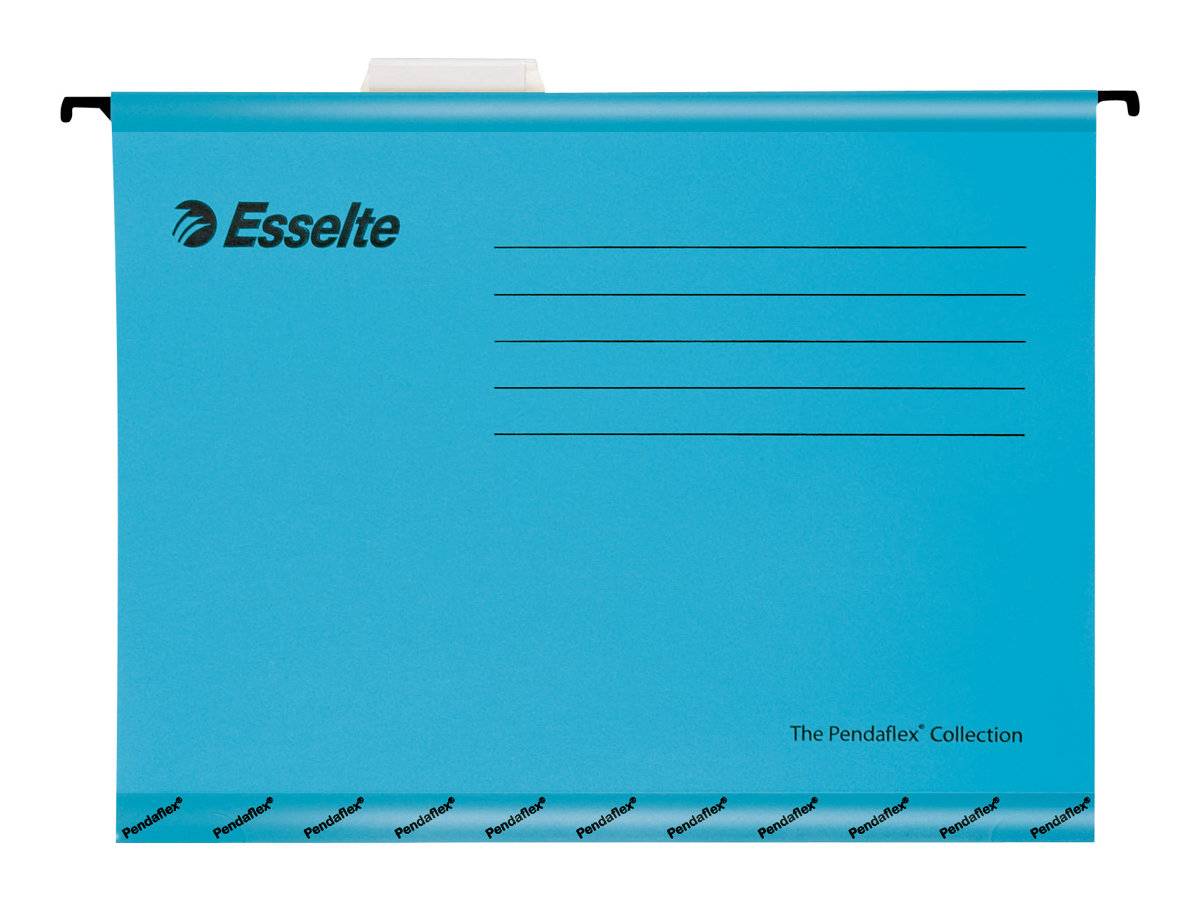 Blauer Dateiorganisator mit 'Esselte' Logo und Linien zum Beschriften. Text lautet 'Die Pendaflex Kollektion'.