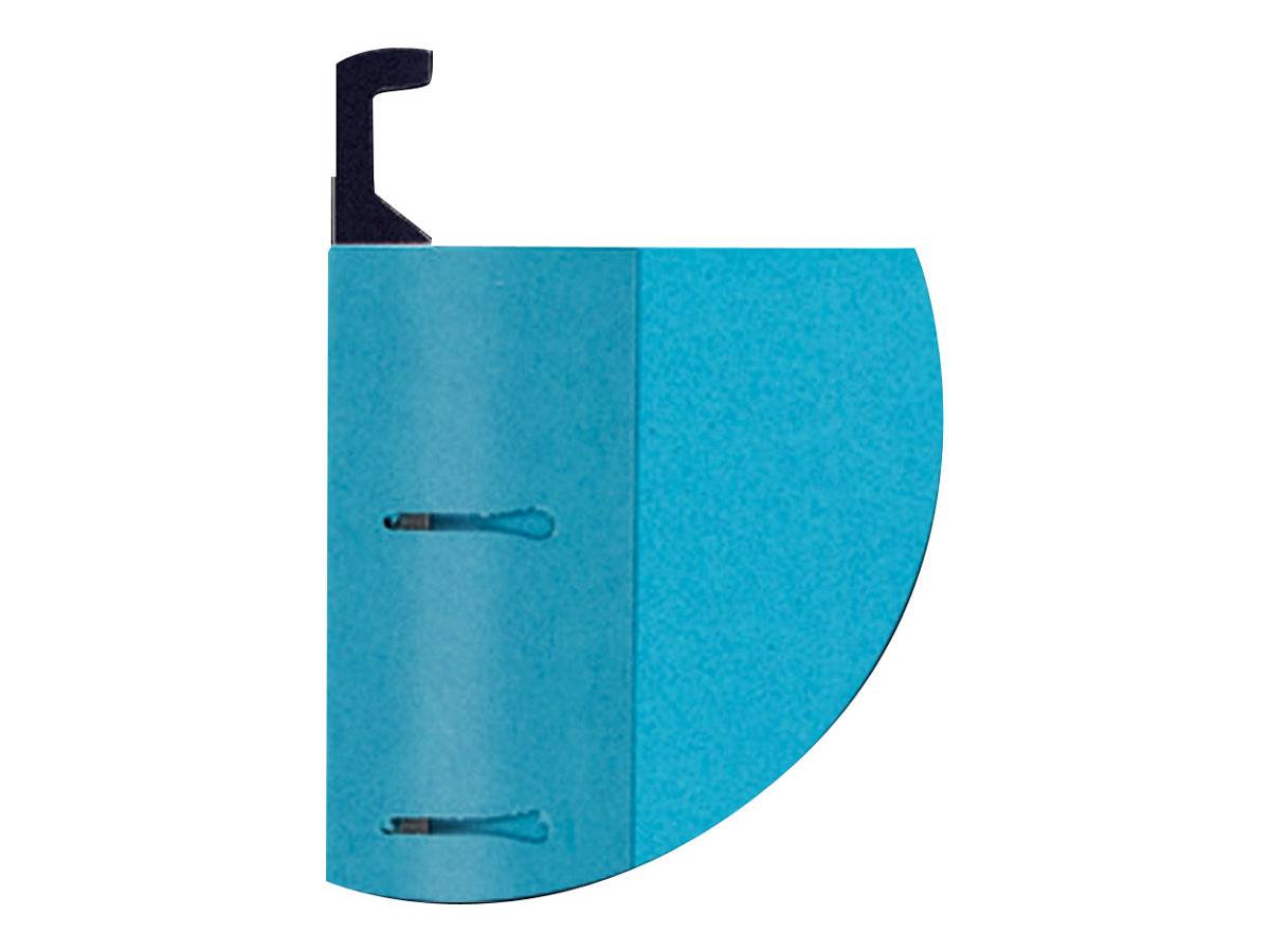 Eine blaue Hebelbogenmappe mit einer abgerundeten Kante, ausgestattet mit einem schwarzen Hebel und zwei Metallringen zum Halten von Dokumenten.