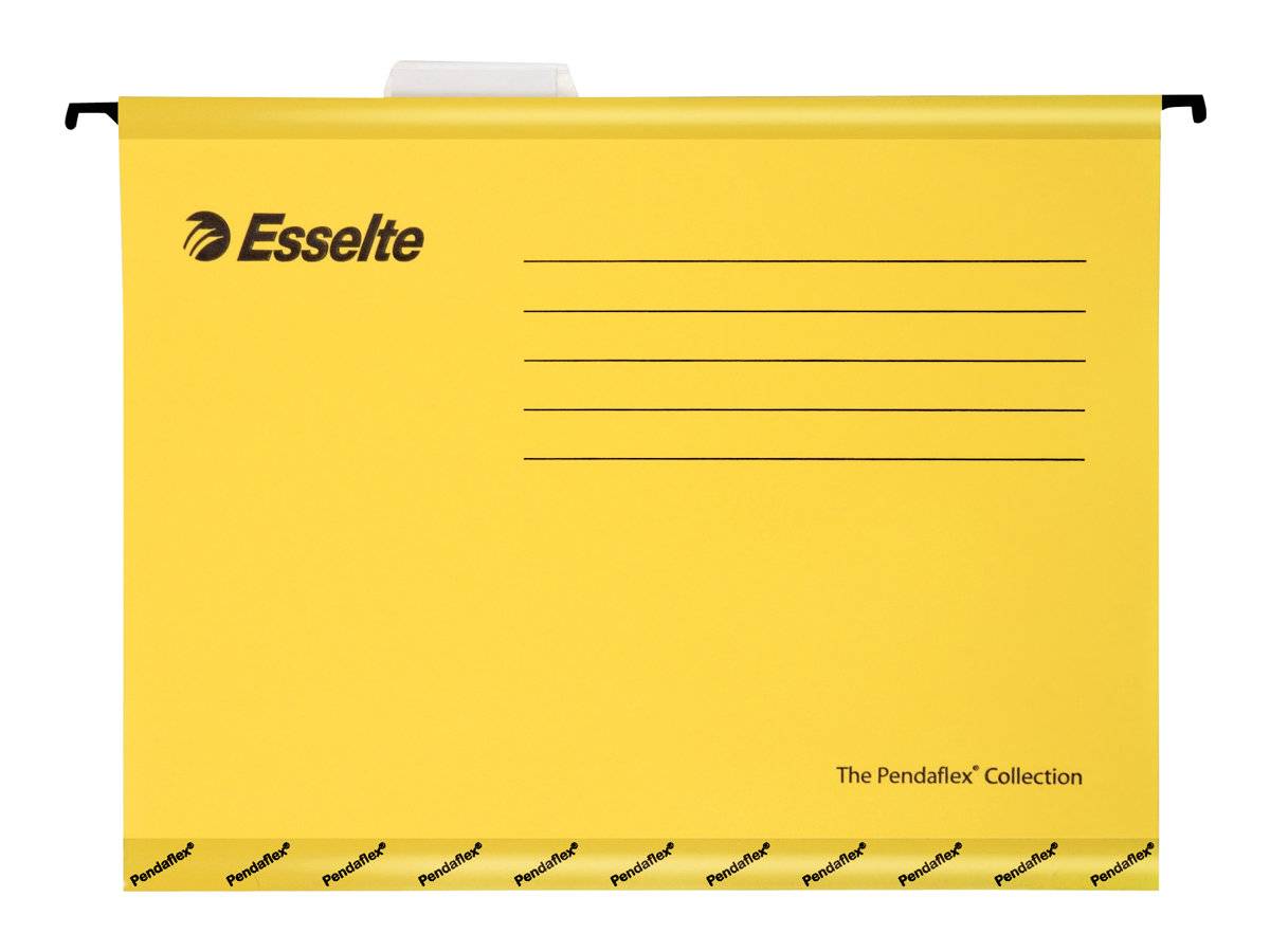 Gelber Hängeordner von Esselte Pendaflex mit schwarzen oberen Haken, Beschriftungslinien und 'The Pendaflex Collection'-Branding.