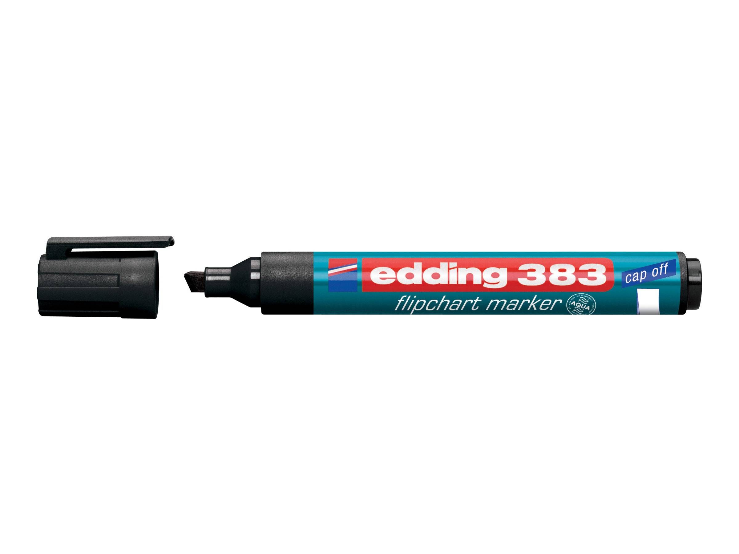 Ein schwarzer Blau-Flipchart-Marker von edding 383 mit der Aufschrift ‚edding 383' und ‚Flipchart-Marker' auf seinem Gehäuse liegt mit abgenommenem Deckel.