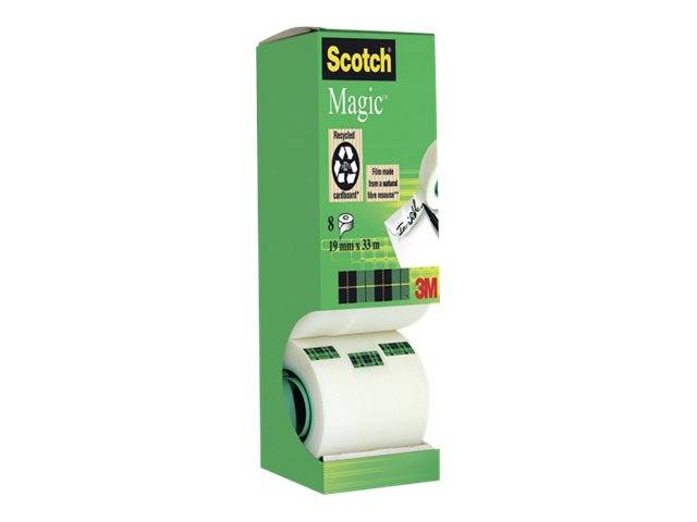 Schachtel mit Scotch Magic Klebebandabroller und einer Rolle transparentes Klebeband, grüne Verpackung mit 3M-Branding.