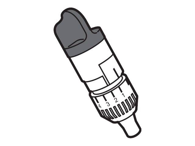 Abbildung einer abgestuften Labormesskapsel oder Pipette mit einem einstellbaren Drehregler, diagonal auf weißem Hintergrund dargestellt.