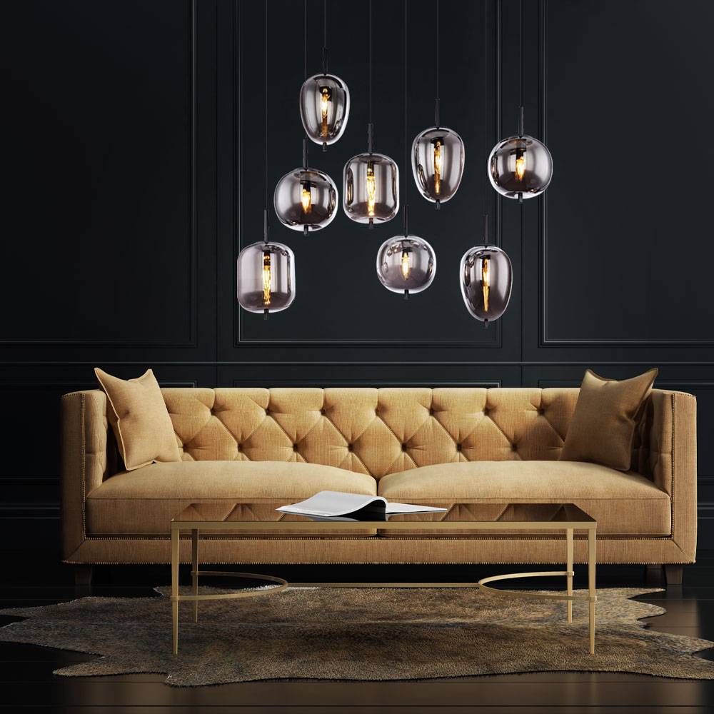 Pendelleuchte 8 flammig Wohnzimmerleuchte Hängelampe Glasschirme rauchfarben, 8 verschiedene Schirme Metall, 8x E14, LxBxH 94x34x120 cm