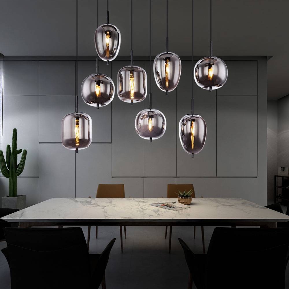 Pendelleuchte 8 flammig Wohnzimmerleuchte Hängelampe Glasschirme rauchfarben, 8 verschiedene Schirme Metall, 8x LED 4,5W 470Lm warmweiß, LxBxH 94x34