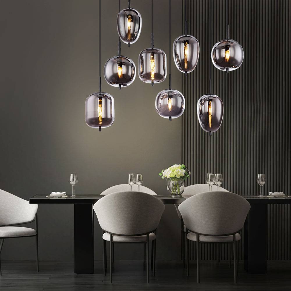 Pendelleuchte 8 flammig Wohnzimmerleuchte Hängelampe Glasschirme rauchfarben, 8 verschiedene Schirme Metall, 8x LED 4,5W 470Lm warmweiß, LxBxH 94x34