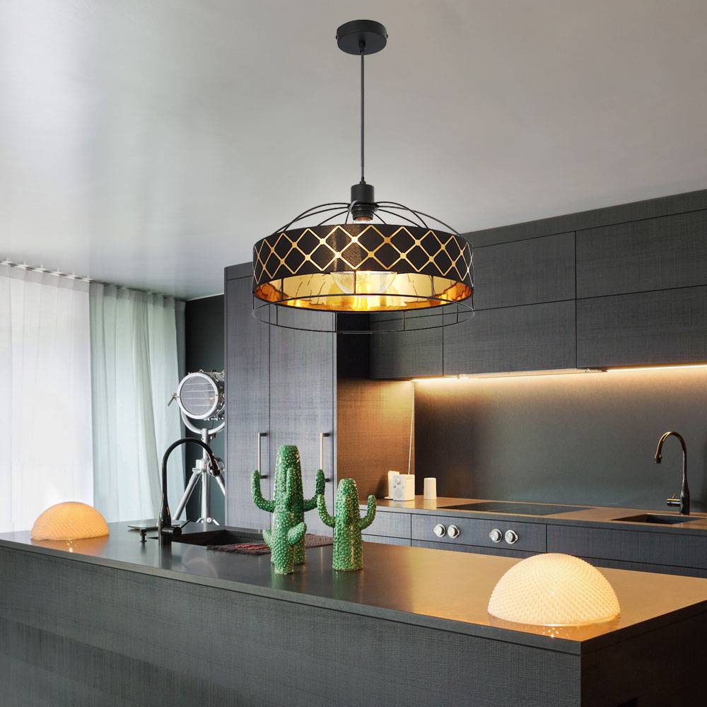 Hängeleuchte schwarz gold Pendelleuchte Gitter Esstischleuchte Textil Retro, Fernbedienung dimmbar, 1x RGB LED 8,5W 806Lm warmweiß, DxH 40x120 cm