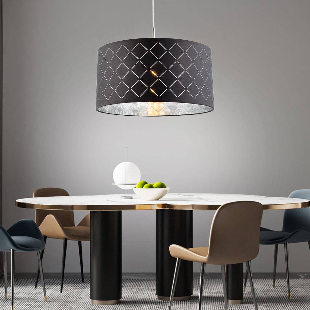 Hängeleuchte Wohnzimmerlampe hängend rund 1 flammig Pendelleuchte Esstisch Modern, grau/silber Textil, 1x E27, DxH 40x140 cm