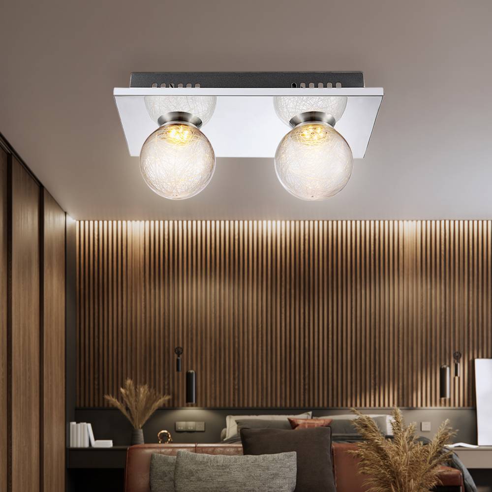 Deckenleuchte Glas Kugel Kugellampe Chrom 2 Flammig Deckenlampe Wohnzimmerlampe Modern, klar, 2x 3W 238Lm warmweiß, LxBxH 30x15x12,5 cm