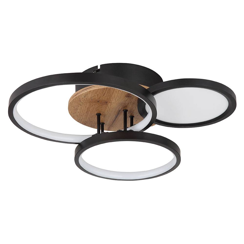 Deckenleuchte Wohnzimmerlampe LED MDF Ringe Deckenleuchte schwarz Deckenlampe mit Holzoptik, Metall Kunststoff, 1x LED 30W 1500Lm 3000K, LxBxH