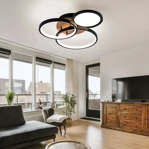 Deckenleuchte Wohnzimmerlampe LED MDF Ringe Deckenleuchte schwarz Deckenlampe mit Holzoptik, Metall Kunststoff, 1x LED 30W 1500Lm 3000K, LxBxH Deckenleuchte Wohnzimmerlampe LED MDF Ringe Deckenleuchte schwarz Deckenlampe mit Holzoptik, Metall Kunststoff, 1x LED 30W 1500Lm 3000K, LxBxH