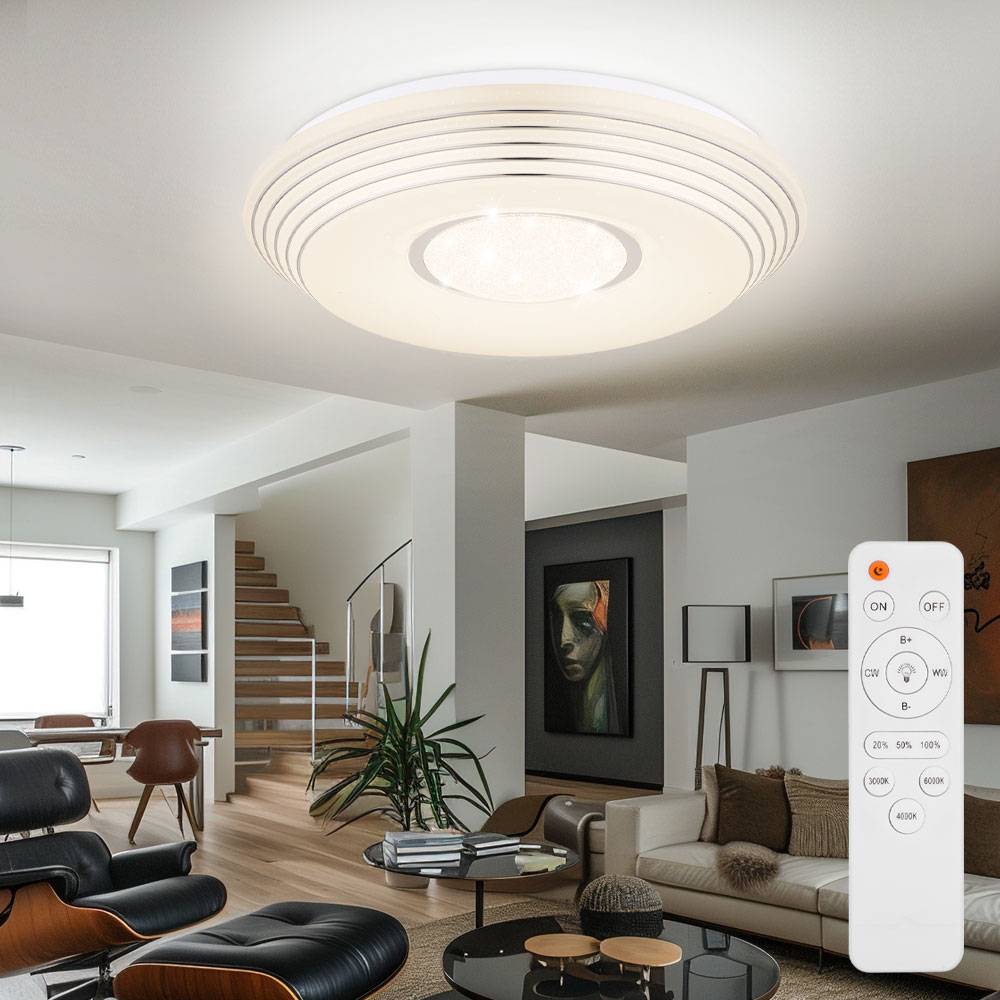 Deckenleuchte dimmbar mit Fernbedienung Küchenlampe LED Deckenlampe Wohnzimmer mit Sterneneffekt, Lichtfarbe verstellbar, 40W 2620lm warmweiß-kaltwe