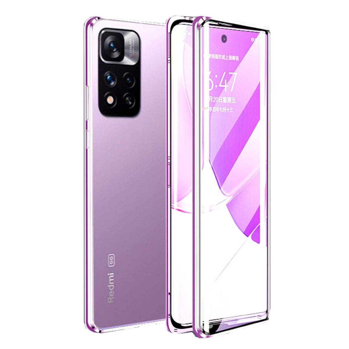 Für Xiaomi Poco M4 Pro 5G Beidseitiger 360 Grad Magnet / Glas Case Hülle Handy Tasche Bumper Lila