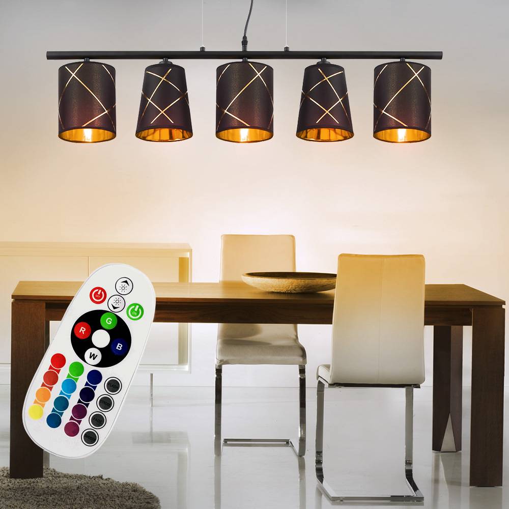 Pendelleuchte Esstisch dimmbar mit Fernbedienung LED Hängelampe schwarz gold, RGB Farbwechsel, goldenen Dekorlinien, 5x 3,5W 320 lm warmweiß, LxH 90