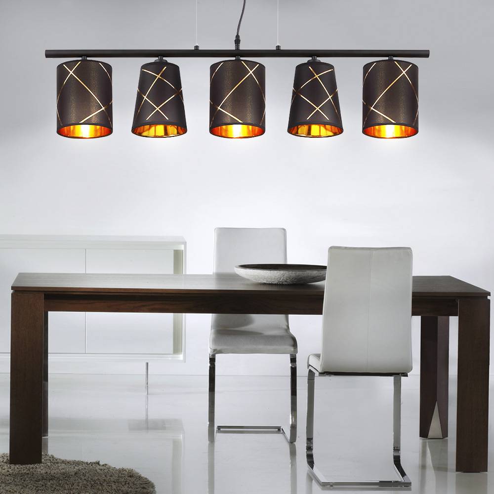 Hängelampe Pendelleuchte Esstisch schwarz gold 5 flammig Esszimmerlampe E14 Wohnzimmerlampe hängend modern, mit goldenen Dekorlinien, 5x E14, LxH 90
