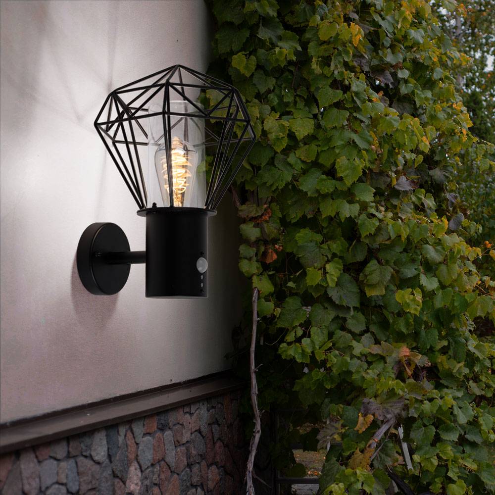 Außenbeleuchtung Wandleuchte Wandlampe Außen mit Bewegungsmelder Gartenlampe Bewegungsmelder, schwarz Diamant Gitter, 1x E27, HxLxB 34x22,5x27,5cm