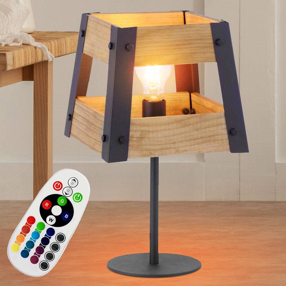 Tischlampe Wohnzimmer Holzlampe Tischleuchte Nachttischlampe Holz E27 skandinavisch, Fernbedienung dimmbar, Metall schwarz, 1x RGB LED 9W 806Lm