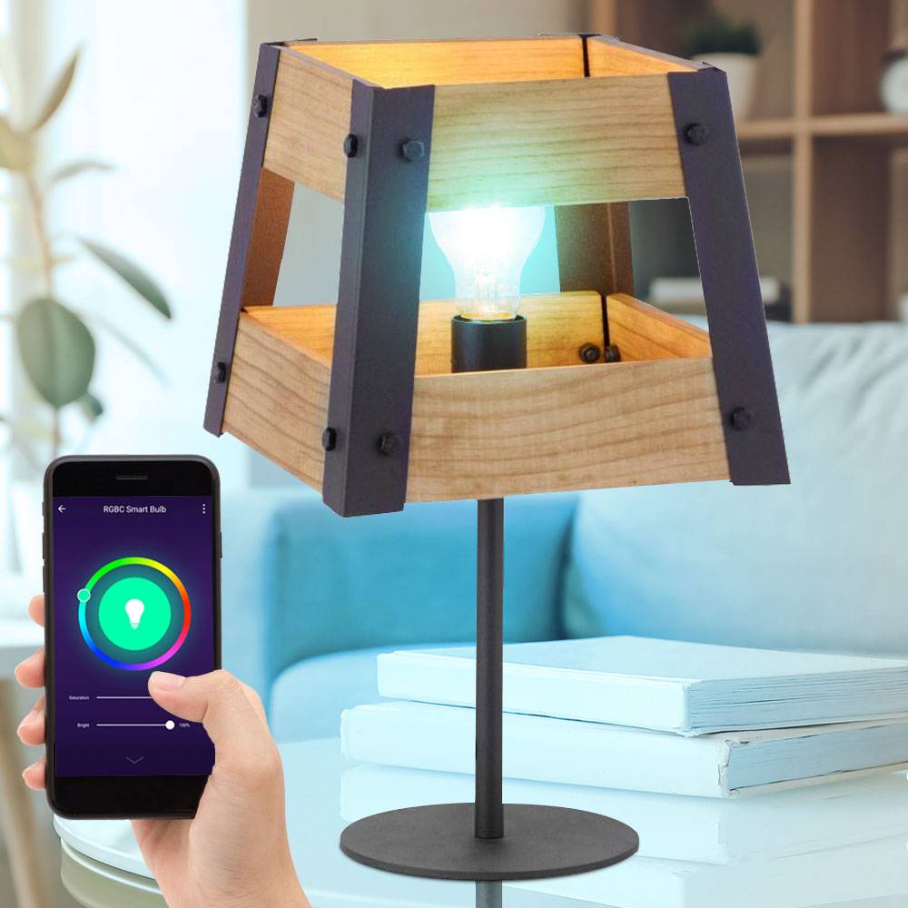 Smart LED Tischleuchte dimmbar Wohnzimmer Holzlampe Tischleuchte Nachttischlampe Holz E27 skandinavisch, RGB Farbwechsel, App und Sprachsteuerung
