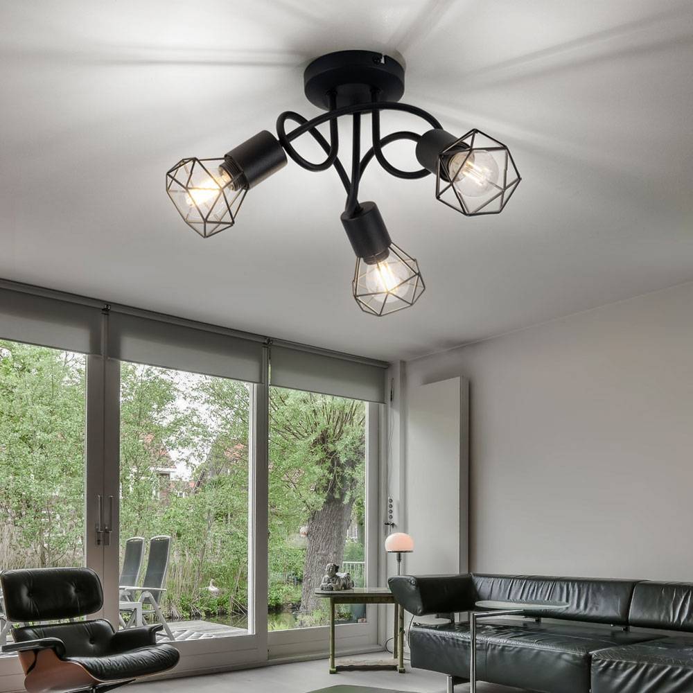 Deckenleuchte Metall schwarz Spotleuchte 3 flammig Deckenlampe Gitterschirm Käfiglampe, Metall, 3x E14 Fassungen, DxH 36x20 cm